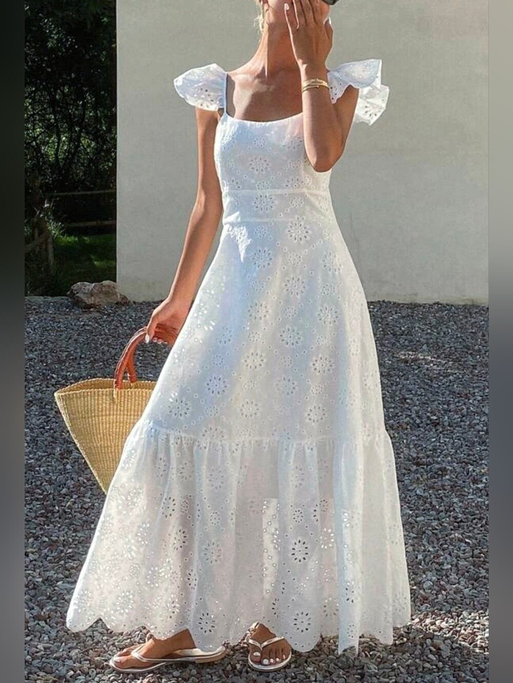 New Embroidered Eyelet Lace Ruffle Sleeve Cami Maxi Dress White - Picture 3 of 9